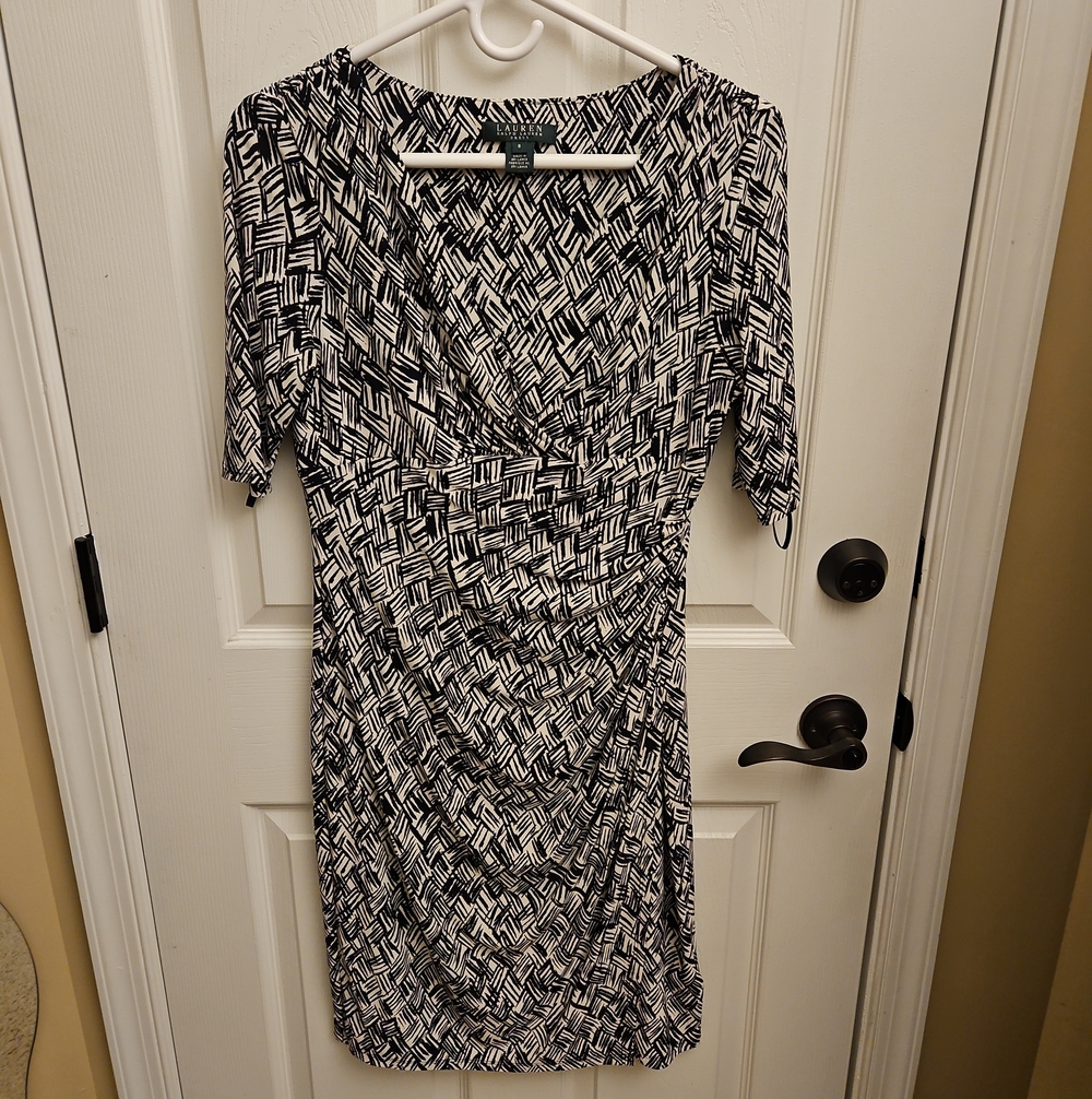 Ralph Lauren Black and White Geometric Faux-Wrap Midi Dress